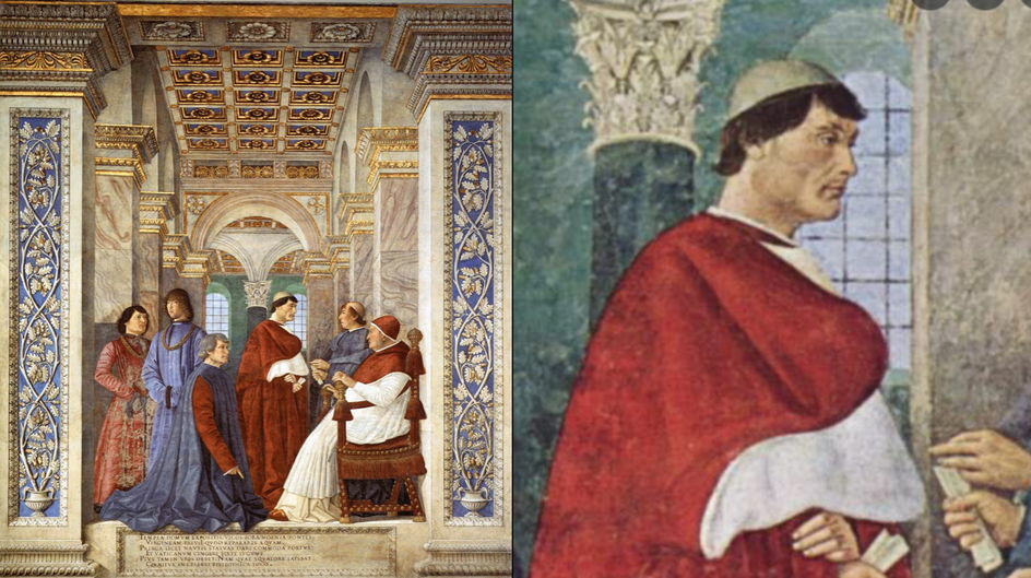 фреска Мелоцо да Форли "папа Римский Сикст IV назначает Платану директором библиотеки Ватикана"